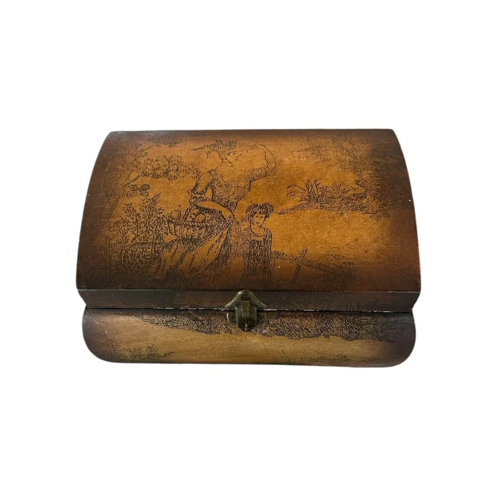 Vintage Wooden Jewelry Box Trinket Box Footed Keepsake Storage Velvet Lined